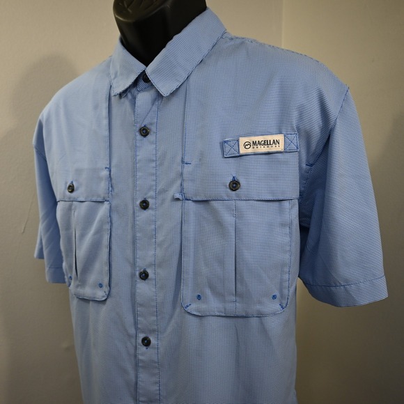 Magellan Vented Fishing Shirt Mens Large Relaxed Fit Blue Plaid Short Sleeve - Picture 2 of 15